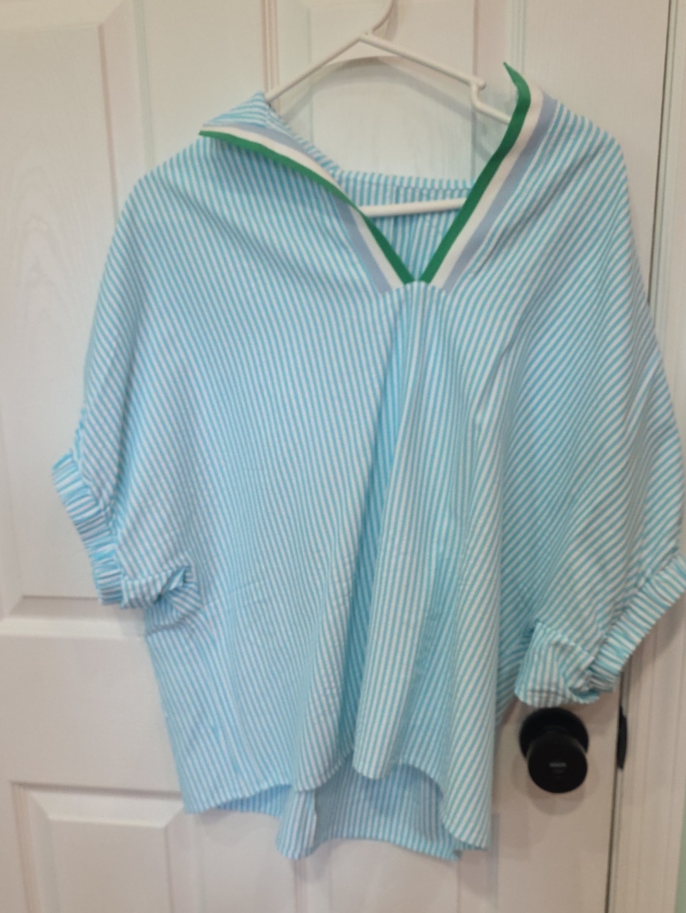 Light Blue Striped V-Neck Tunic with Green Trim